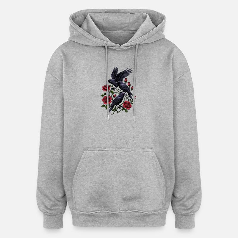Crows and Red Roses - Gothic Aesthetic - Oversized Unisex Hoodie - heather grey