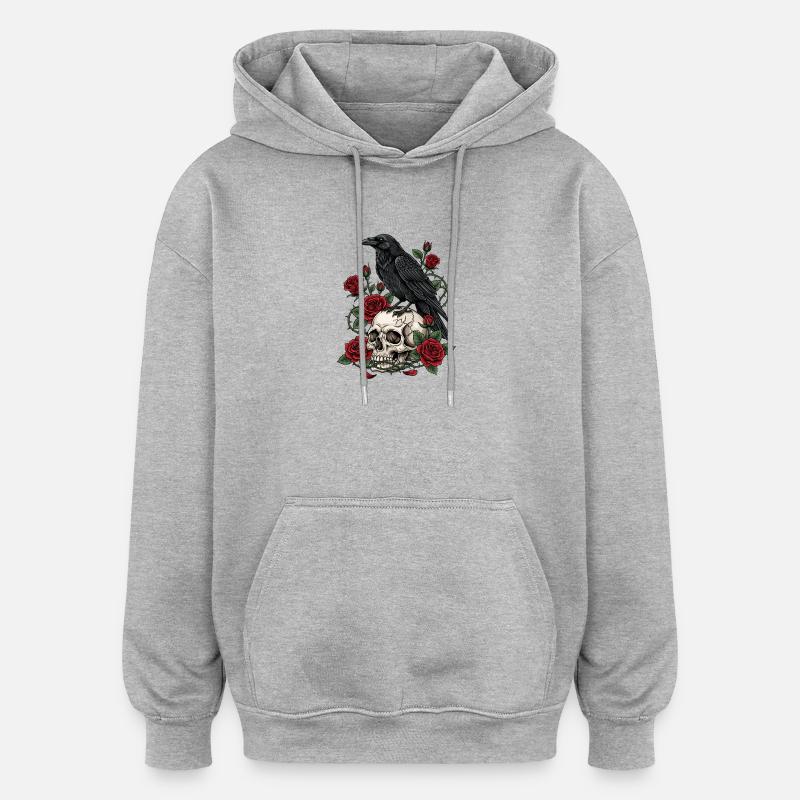 Mitternachtskrähe auf Totenkopfrosen - Oversized Unisex Hoodie - Grau meliert