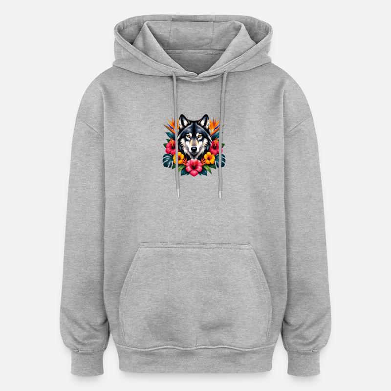 Wolf's Head Tropical Flowers - Oversized Unisex Hoodie - heather grey