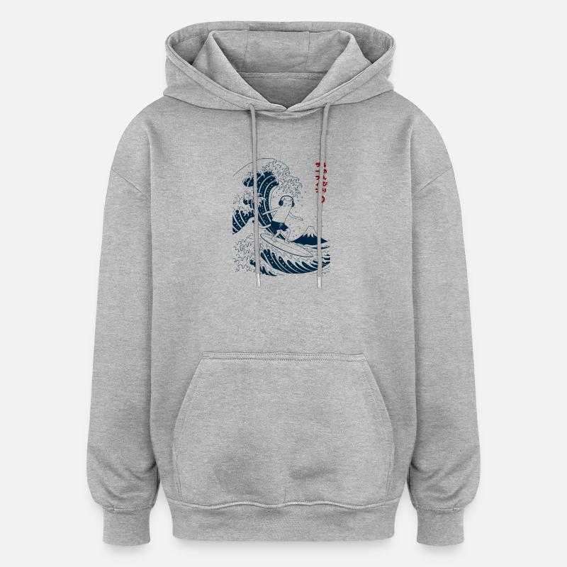 Chat Surf et Chill - Sweat à capuche oversize unisexe - gris chiné