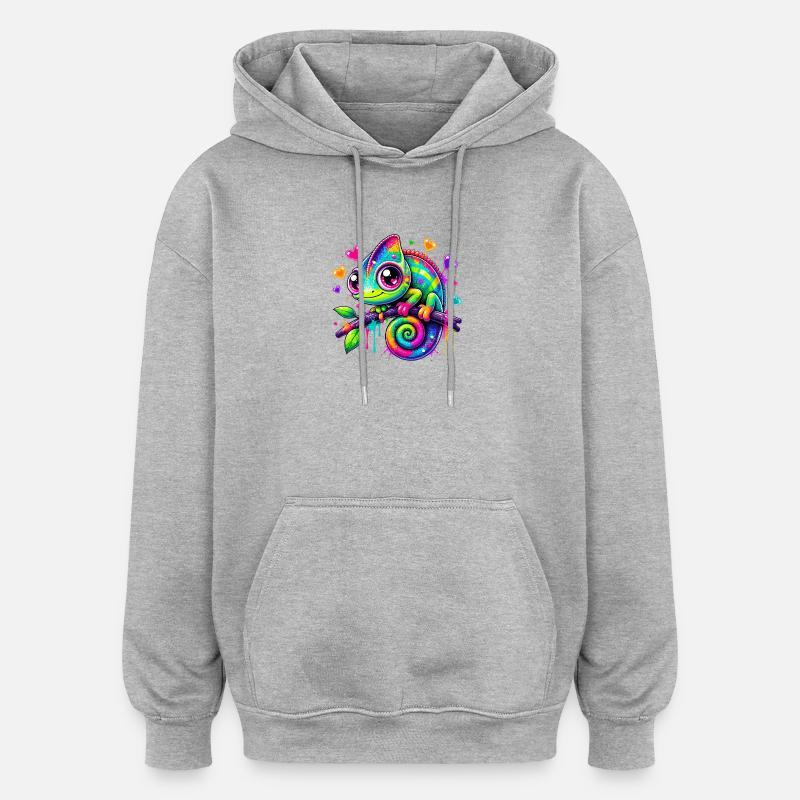 Buntes Chamäleon auf Ast - Oversized Unisex Hoodie - Grau meliert