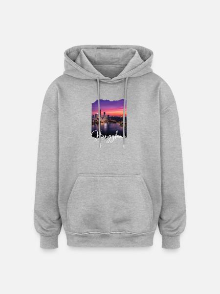 Hangzhou Evening Light Skyline Print - Oversized Unisex Hoodie - heather grey
