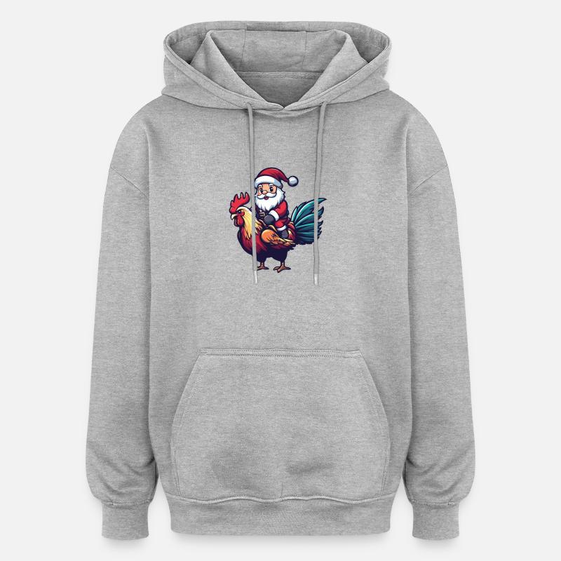 Coq Père Noël dessin animé - Sweat à capuche oversize unisexe - gris chiné