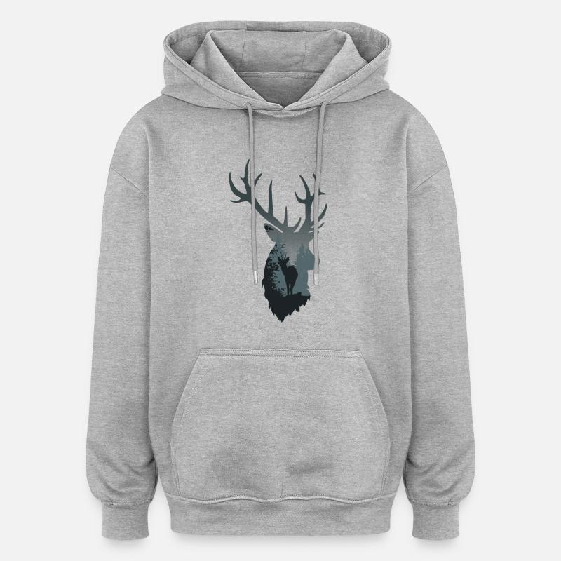 cerf - foret - Sweat à capuche oversize unisexe - gris chiné