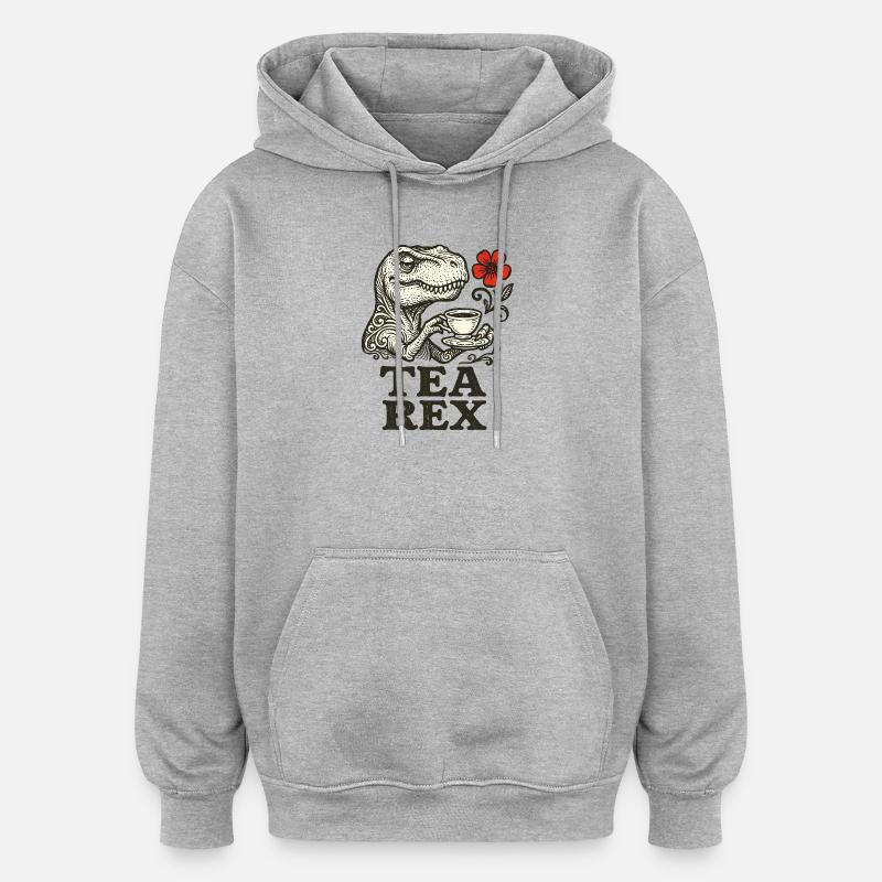 Dinosaurier mit Tee und Blumenakzent - Oversized Unisex Hoodie - Grau meliert