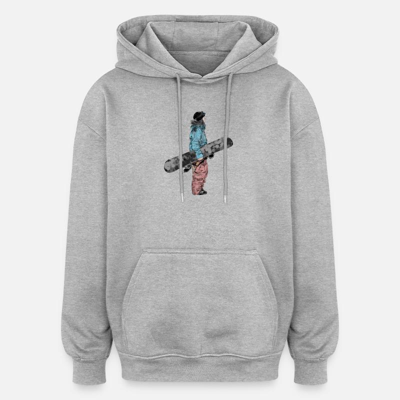 Illustration de snowboarder d’aventure - Sweat à capuche oversize unisexe - gris chiné