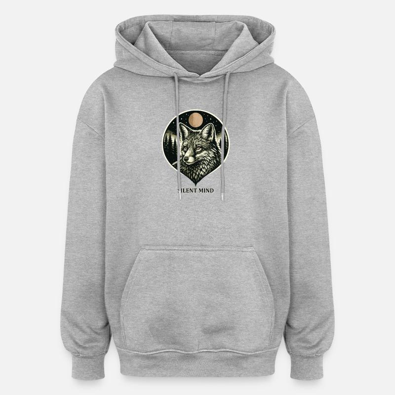 Silent Mind - Fuchs im Woodcut Stil - Sweat à capuche oversize unisexe - gris chiné