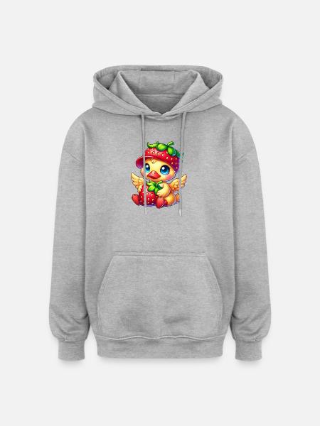 Udda söt anka, jordgubbshatt, tecknad frukt, - Oversized luvtröja unisex - gråmelerad