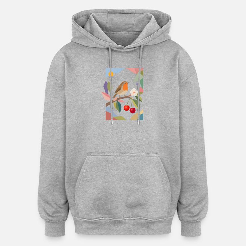 Robin Bird on Branch Cherry Design - Oversized Unisex Hoodie - heather grey