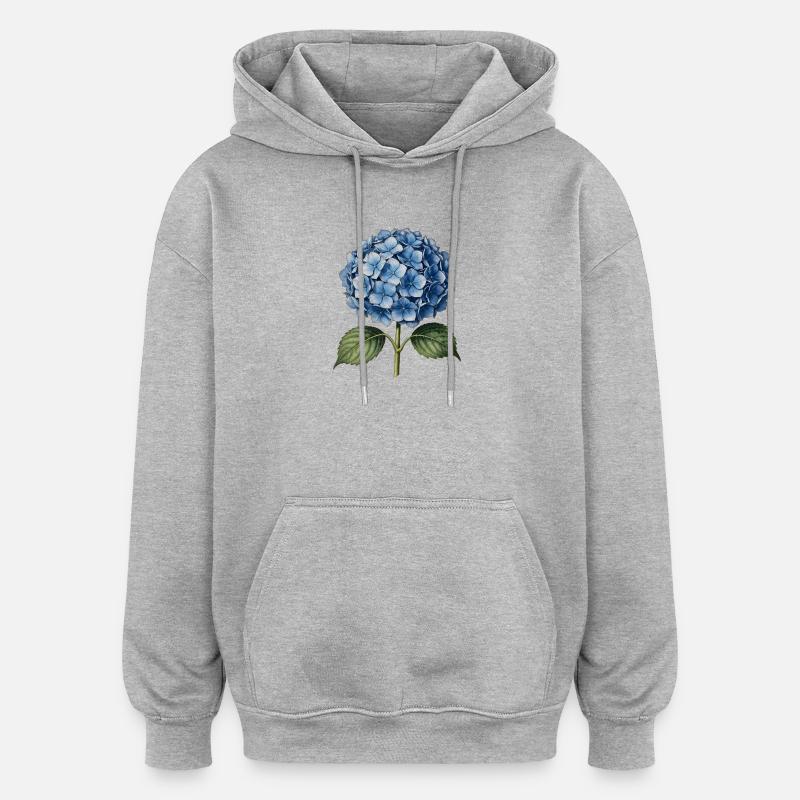 Illustration gravure d’un hortensia bleu - Sweat à capuche oversize unisexe - gris chiné