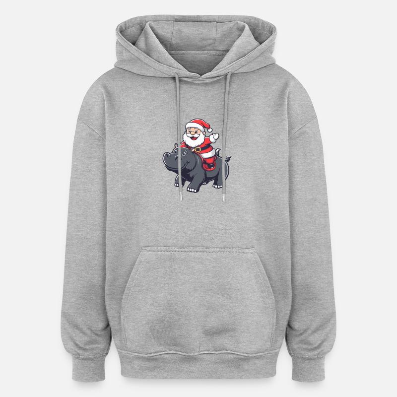 Hippopotame Père Noël dessin animé - Sweat à capuche oversize unisexe - gris chiné