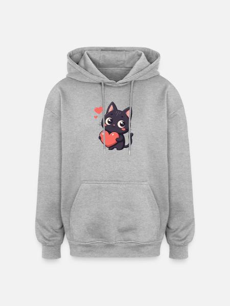 Black cat kawaii heart - Oversized Unisex Hoodie - heather grey