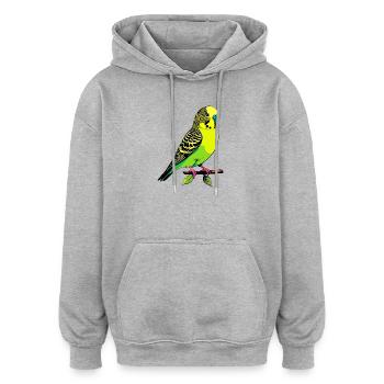 Neon Gelbgrüner Wellensittich Vogel sitzt auf Ast - Oversized Unisex Hoodie - Grau meliert - Vorne - Noah (186cm)