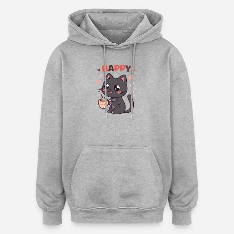 Chat Café Heureux et Doux - Sweat à capuche oversize unisexe - gris chiné