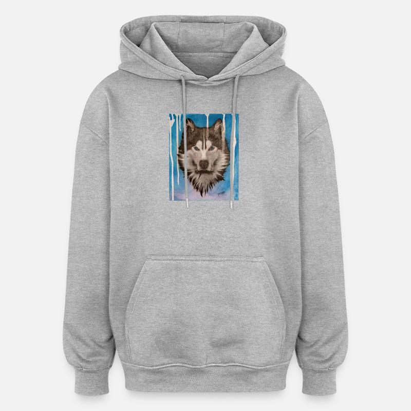 Conception aquarelle Husky - Sweat à capuche oversize unisexe - gris chiné