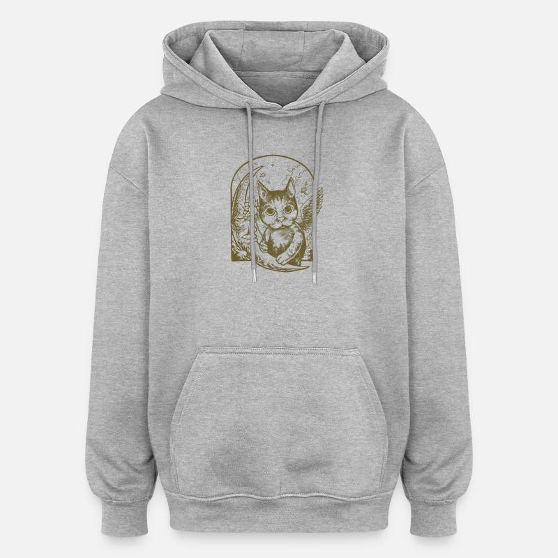 Chat céleste et lune ailée - Sweat à capuche oversize unisexe - gris chiné