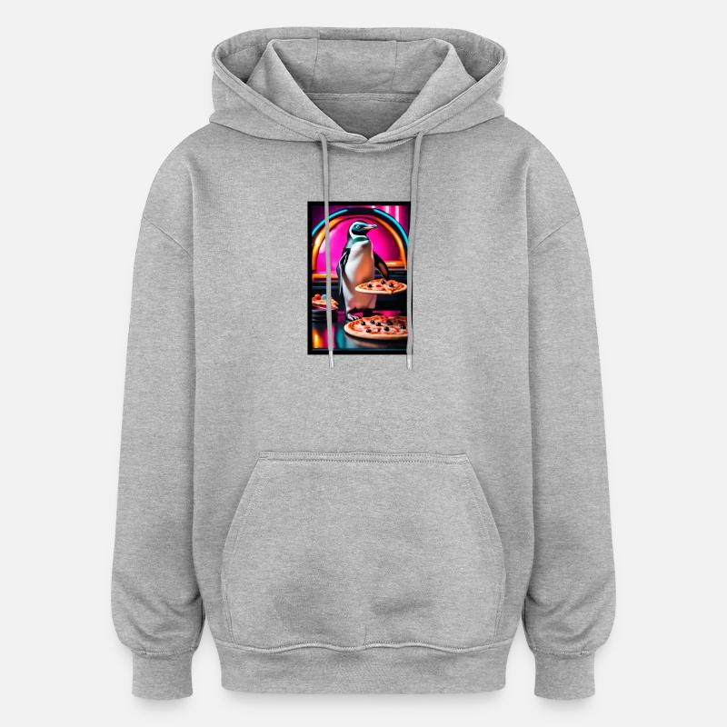 Pingouin au Pizza Neon Diner - Sweat à capuche oversize unisexe - gris chiné