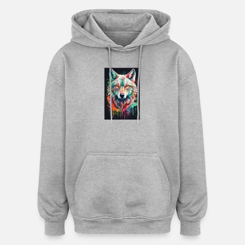 Bunter Wolfkopf Farbexplosion - Oversized Unisex Hoodie - Grau meliert