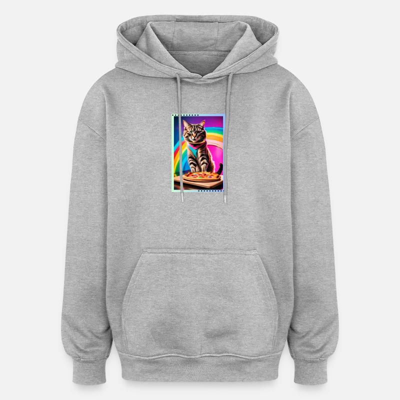 Regenbogenkatze mit Pizza - Oversized Unisex Hoodie - Grau meliert