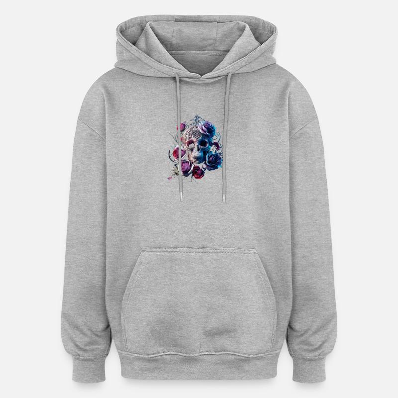 Crâne et Roses - Sweat à capuche oversize unisexe - gris chiné