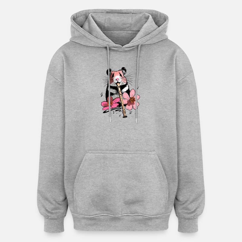 Hamster avec fleurs et flûte - Sweat à capuche oversize unisexe - gris chiné