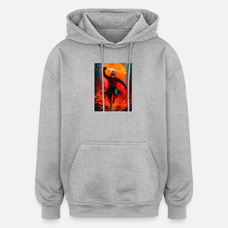 Feuriger Ninja im Kampf - Oversized Unisex Hoodie - Grau meliert