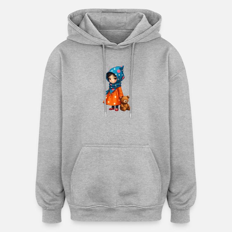 Fille à pois et ours - Sweat à capuche oversize unisexe - gris chiné
