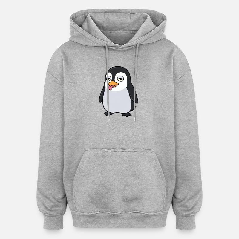 Trett pingvintegneserie med tunge som stikker ut - Oversized unisex-hettegenser - gråmelert