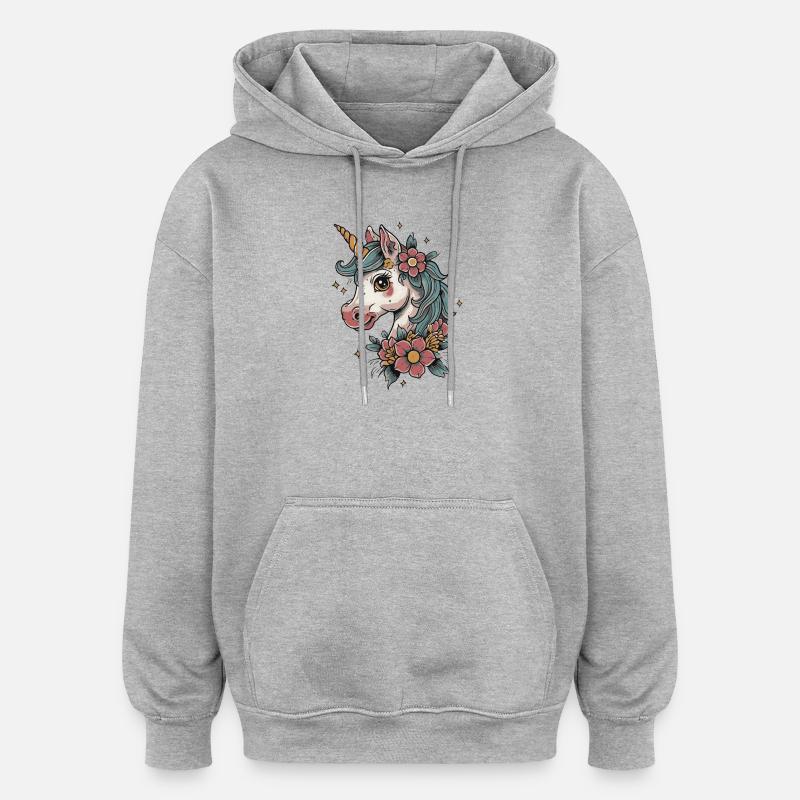 licorne fleurie - Sweat à capuche oversize unisexe - gris chiné