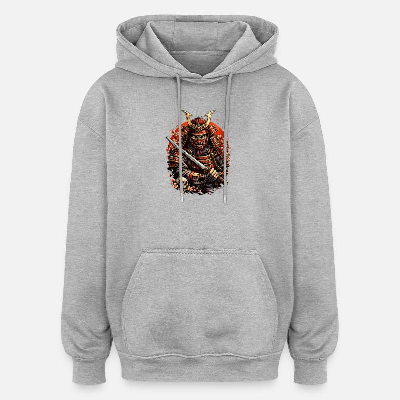 Samurai mit Kirschblüten und Schädel - Oversized Unisex Hoodie - Grau meliert