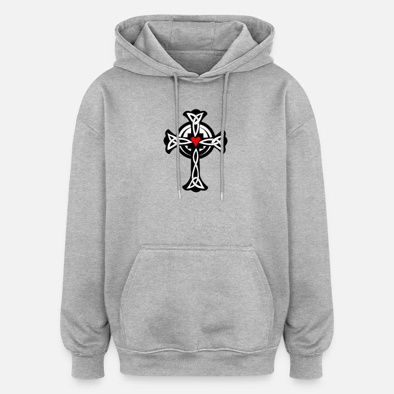 Croix celtique avec cœur - Sweat à capuche oversize unisexe - gris chiné