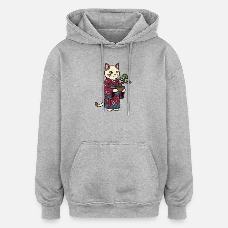 Chat japonais - Sweat à capuche oversize unisexe - gris chiné
