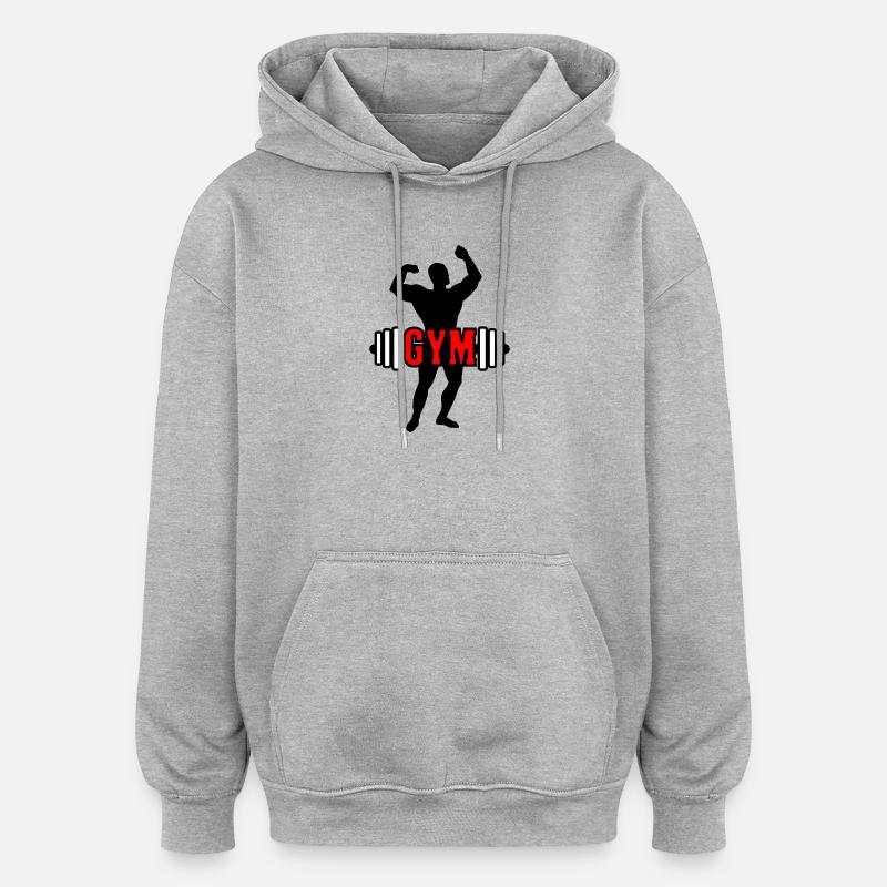 Roter Text "GYM" über Bodybuilder - Oversized Unisex Hoodie - Grau meliert