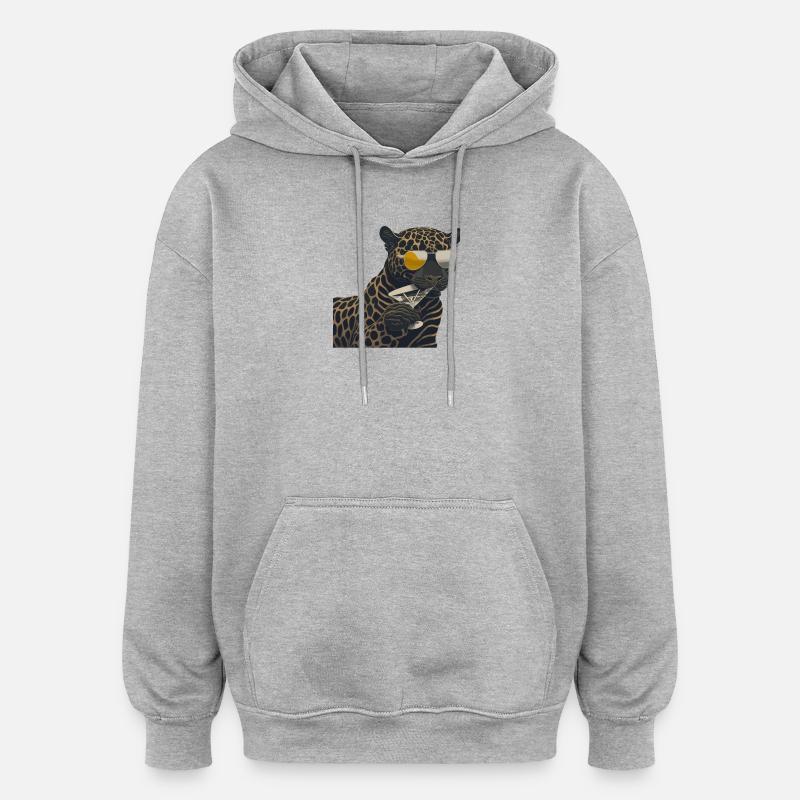 Cooler Leopard mit Sonnenbrille und Glas - Oversized Unisex Hoodie - Grau meliert