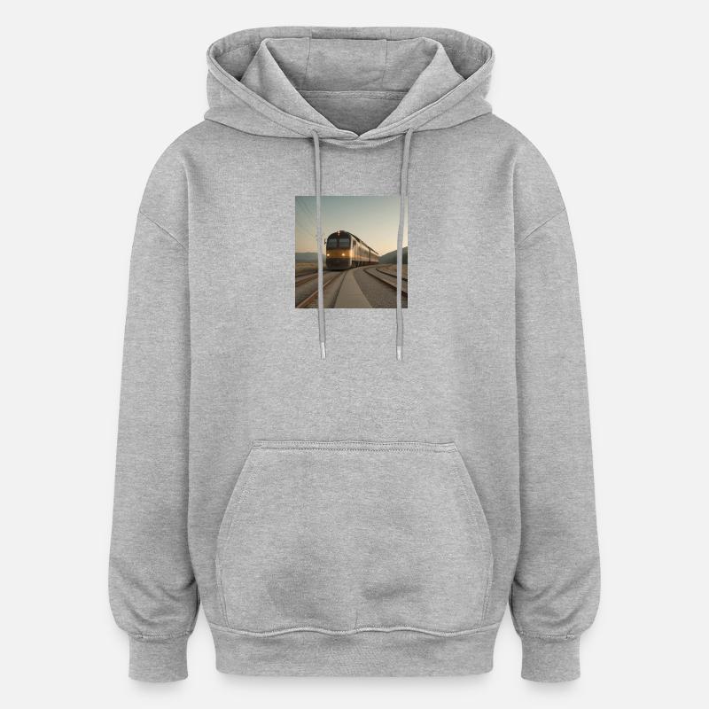 Train au crépuscule sur les rails - Sweat à capuche oversize unisexe - gris chiné