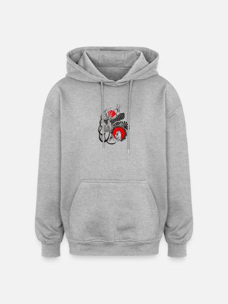 Monochrome flower circles with red - Oversized Unisex Hoodie - heather grey