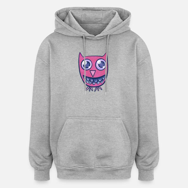 Dessin animé de la chouette rose - Sweat à capuche oversize unisexe - gris chiné