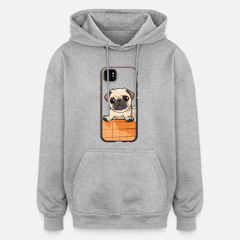 Mops am Rand – niedlicher Blick - Oversized Unisex Hoodie - Grau meliert