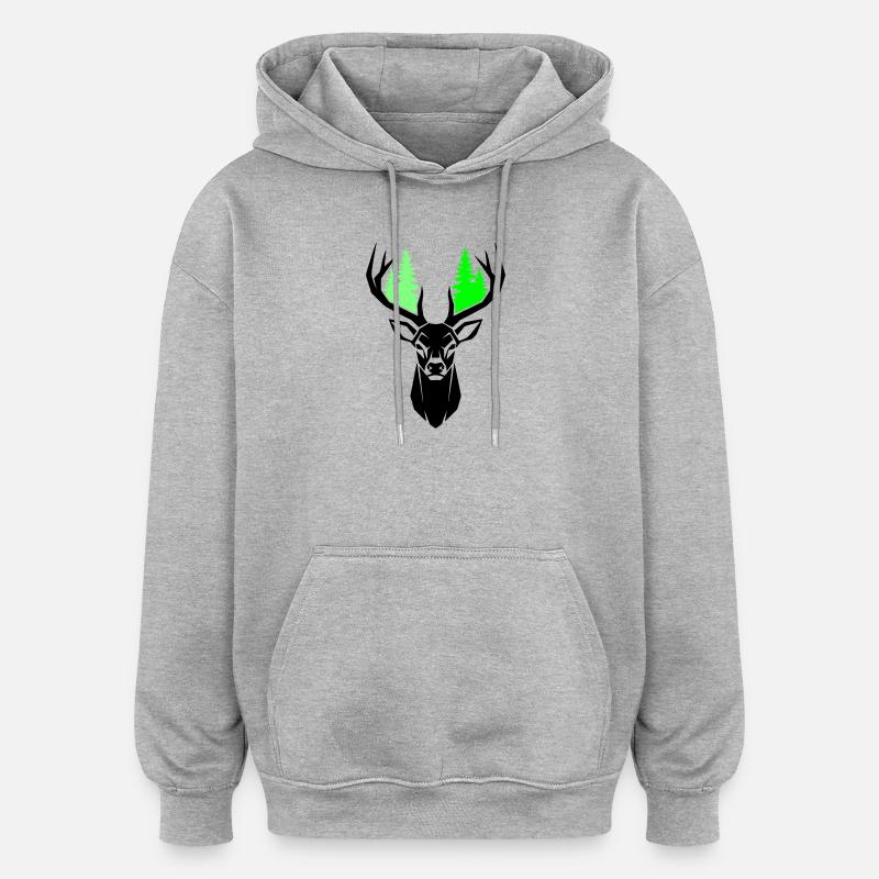 Deer Head Fir Trees Natural Green - Oversized Unisex Hoodie - heather grey