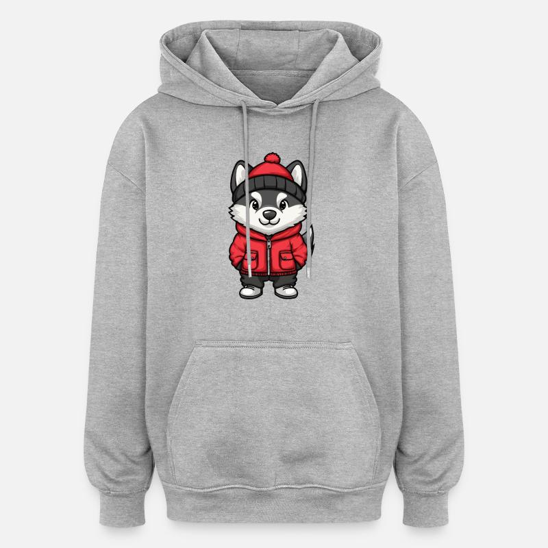 Dessin animé de chien husky - Sweat à capuche oversize unisexe - gris chiné