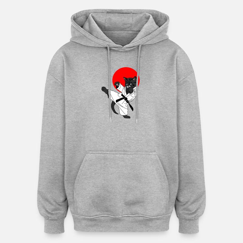 Chat noir karaté soleil - Sweat à capuche oversize unisexe - gris chiné