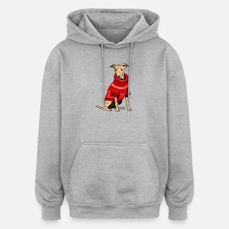 Hund im roten Strickpullover - Oversized Unisex Hoodie - Grau meliert