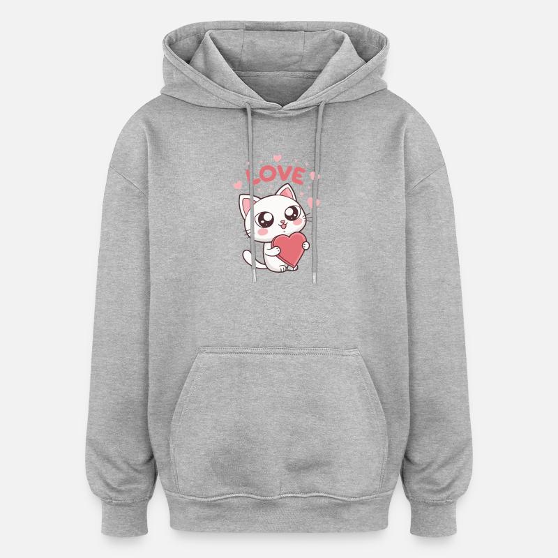 Chat mignon cœur Love kawaii - Sweat à capuche oversize unisexe - gris chiné