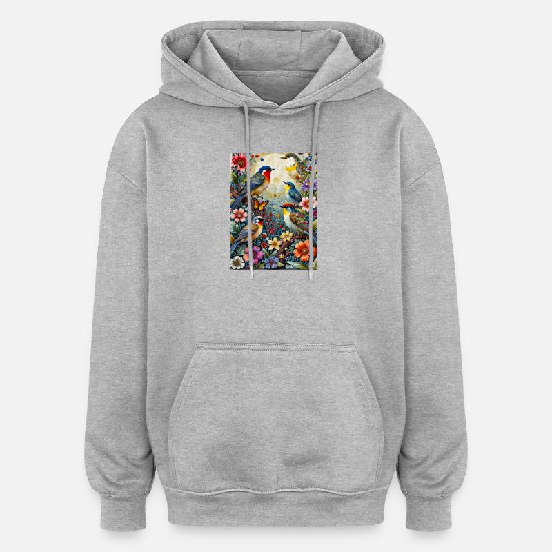 Oiseaux dans la splendeur florale - Sweat à capuche oversize unisexe - gris chiné