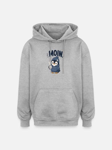 Pinguin im Hoodie mit Kaffee - Oversized Unisex Hoodie - Grau meliert