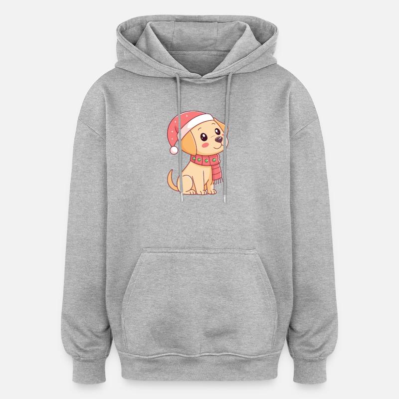 Chiot festif au bonnet de Noël - Sweat à capuche oversize unisexe - gris chiné