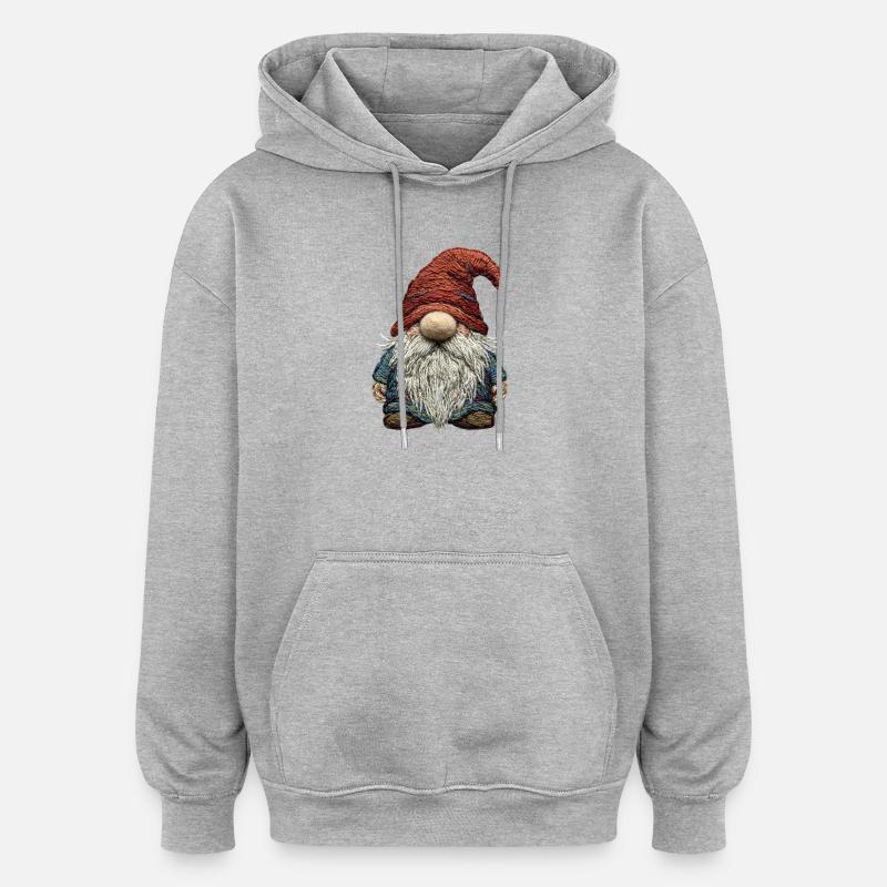 Gnome en aspect brodé (imprimé) - Sweat à capuche oversize unisexe - gris chiné