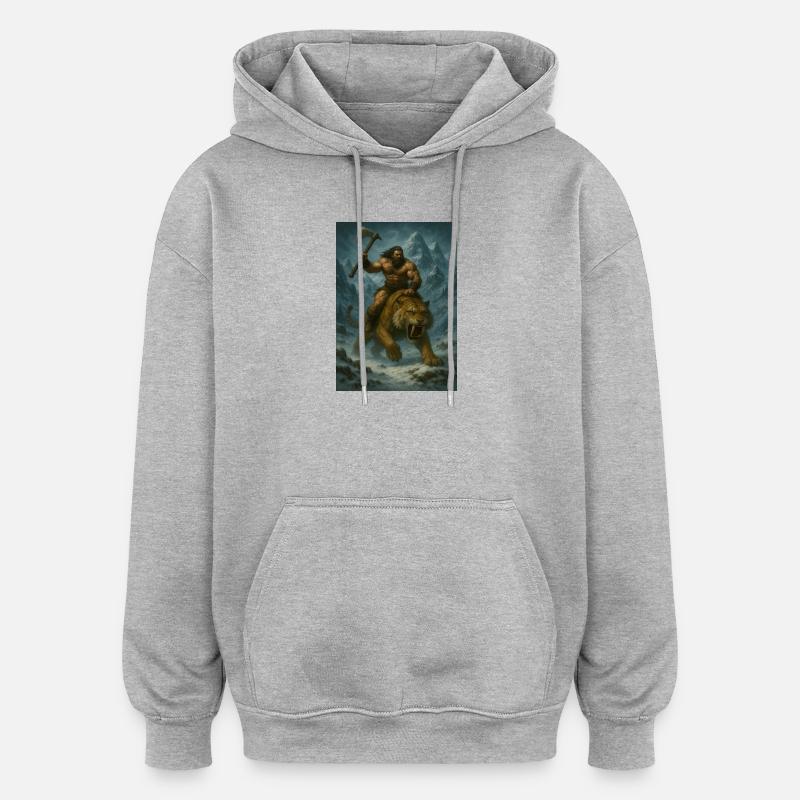 Wilder Krieger auf Sabertooth Tiger – Kunst - Oversized Unisex Hoodie - Grau meliert
