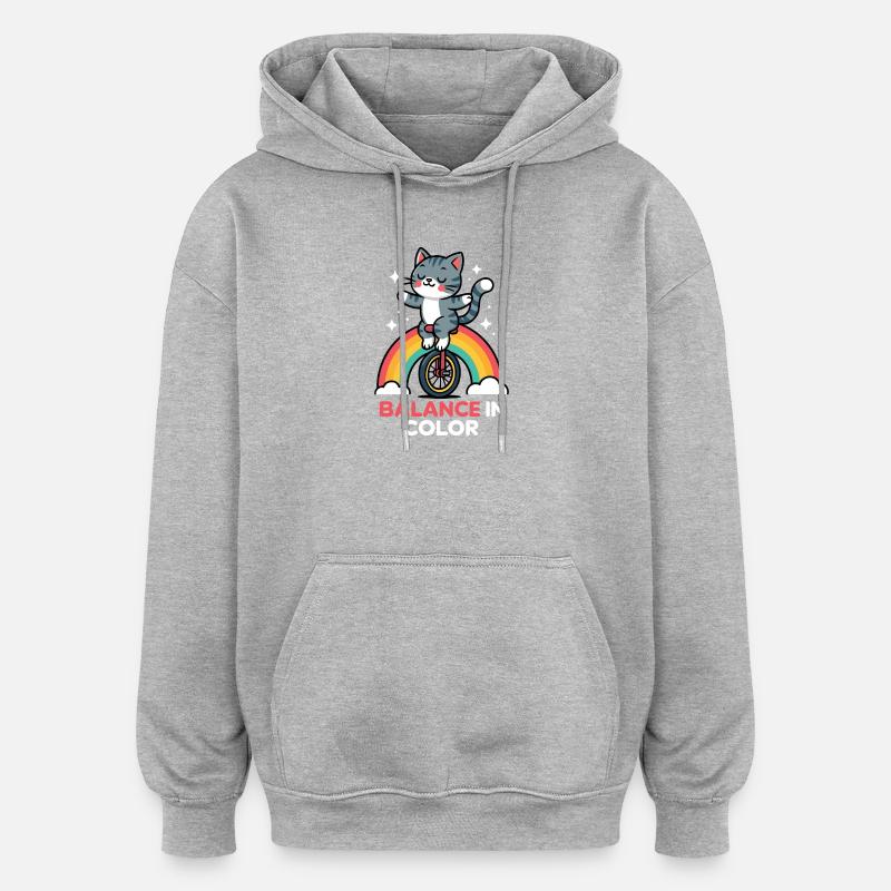 Équilibre du chat sur arc-en-ciel - Sweat à capuche oversize unisexe - gris chiné