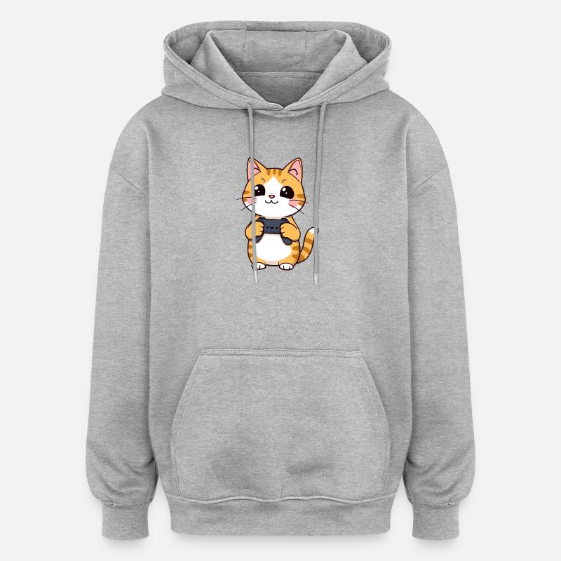 Gaming Katze mit Controller - Oversized Unisex Hoodie - Grau meliert